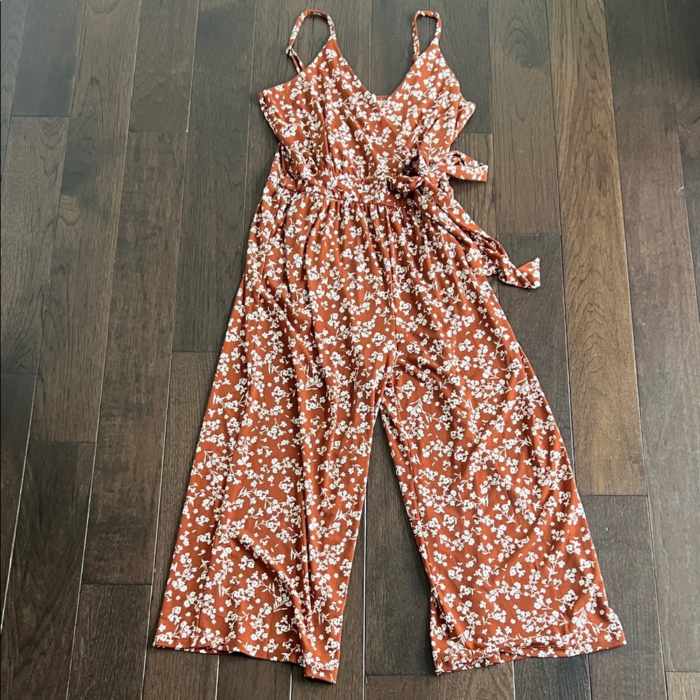Kaileigh Rust Floral Wide-Leg Jumpsuit with Tie Waist